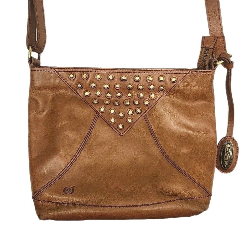 Born Purse Crossbody Brown Leather Shoulder Bag Adjustable Small 8x10" Studs